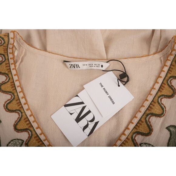 Zara Womens Mini Dress Kaftan M Beige Embroidered Linen Blend 5107/055 NWT - Picture 7 of 7